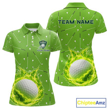 Load image into Gallery viewer, Womens Golf Polo Shirt Custom Green And White Golf Ball Flame Team Golf Shirts, Ladies Golf Top NHN0179