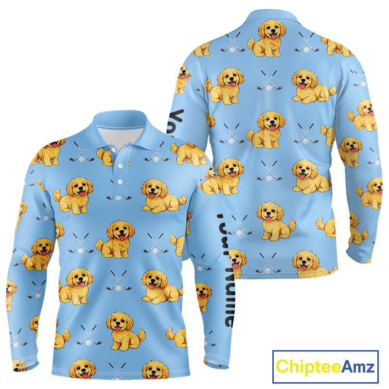 Long Sleeve Golf Polo Shirt Custom Funny Cockapoo Blue Pattern Team Mens Golf Tops, Dog Lover Gift NHN0209