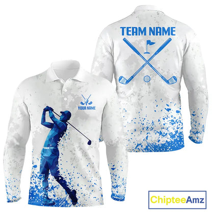 Blue And White Mens Long Sleeve Golf Polo Shirt Custom White Golf Clubs Golf Shirts For Men NHN0101