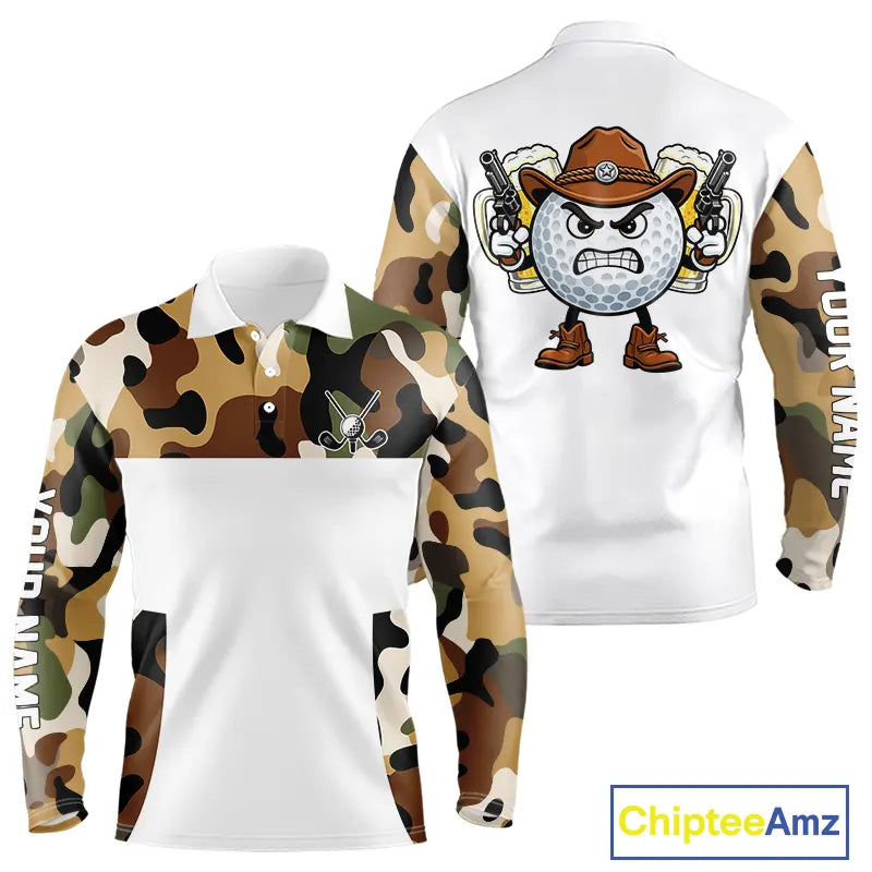 Funny Mens Long Sleeve Golf Polo Shirt Custom Cowboy Golf Beer Camo Pattern Golf Outfits, Golf Gifts NHN0103
