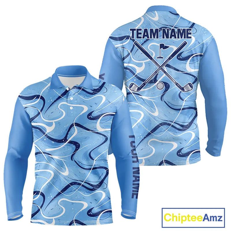 Blue And White Long Sleeve Golf Polo Shirt Custom Blue Camo Golf Tops For Men, Golf Gifts NHN0112