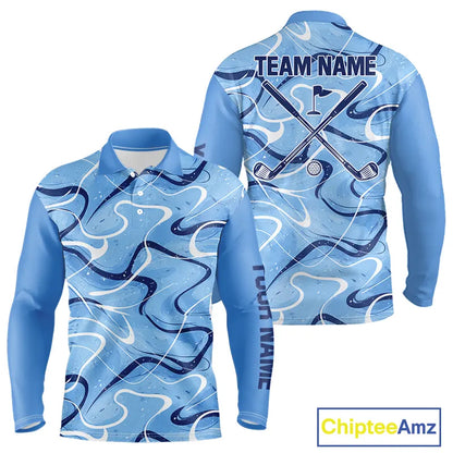 Blue And White Long Sleeve Golf Polo Shirt Custom Blue Camo Golf Tops For Men, Golf Gifts NHN0112