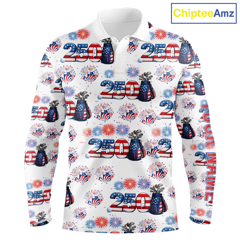 America 250th Anniversary Long Sleeve Golf Polo Shirt, Patriotic USA Golf Shirt, Independence Gift NHN0233