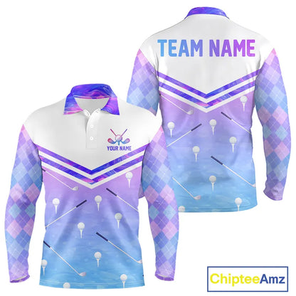 Argyle Long Sleeve Golf Polo Shirt Custom Pink & Purple Plaid Golf Clubs Pattern Team Golf Top NHN0116