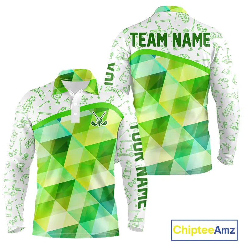 Green Geometric Triangle Mens Long Sleeve Golf Polo Shirt Custom Golf Clubs & Golf Ball Golf Tops NHN0121