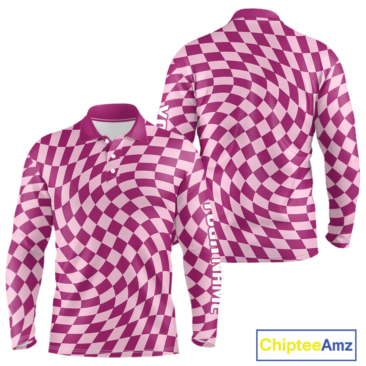 Plaid Long Sleeve Golf Polo Shirt Custom Purple & Pink Checkerboard Argyle Pattern Golf Shirts NHN0128