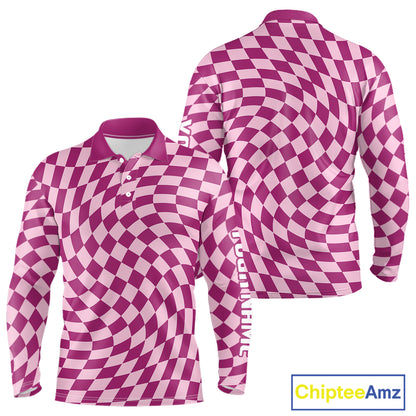 Plaid Long Sleeve Golf Polo Shirt Custom Purple & Pink Checkerboard Argyle Pattern Golf Shirts NHN0128