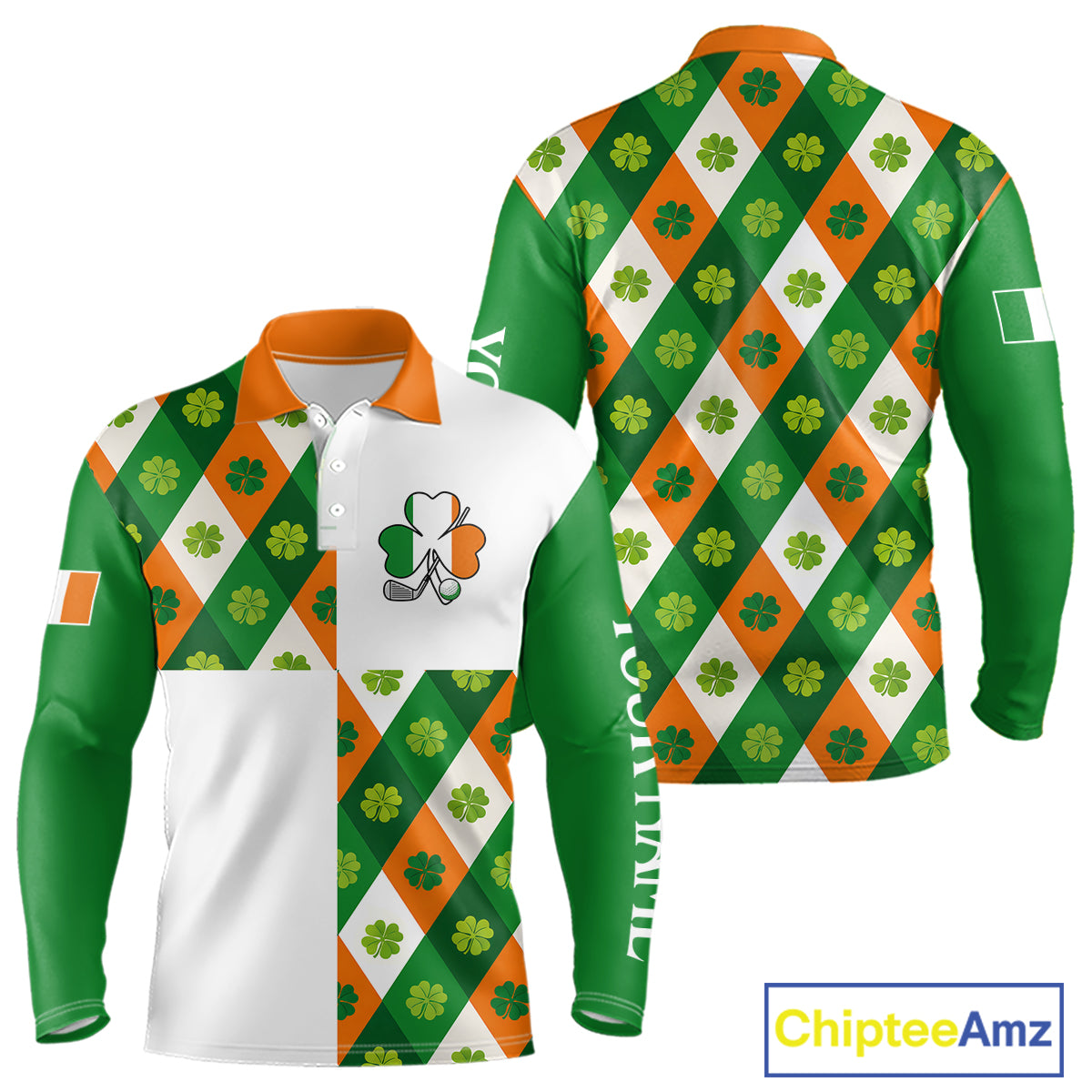 Argyle Long Sleeve Golf Polo Shirt Custom Ireland Flag St Patricks Day Green Clovers Plaid Golf Top NHN0141