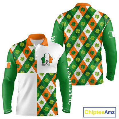 Argyle Long Sleeve Golf Polo Shirt Custom Ireland Flag St Patricks Day Green Clovers Plaid Golf Top NHN0141