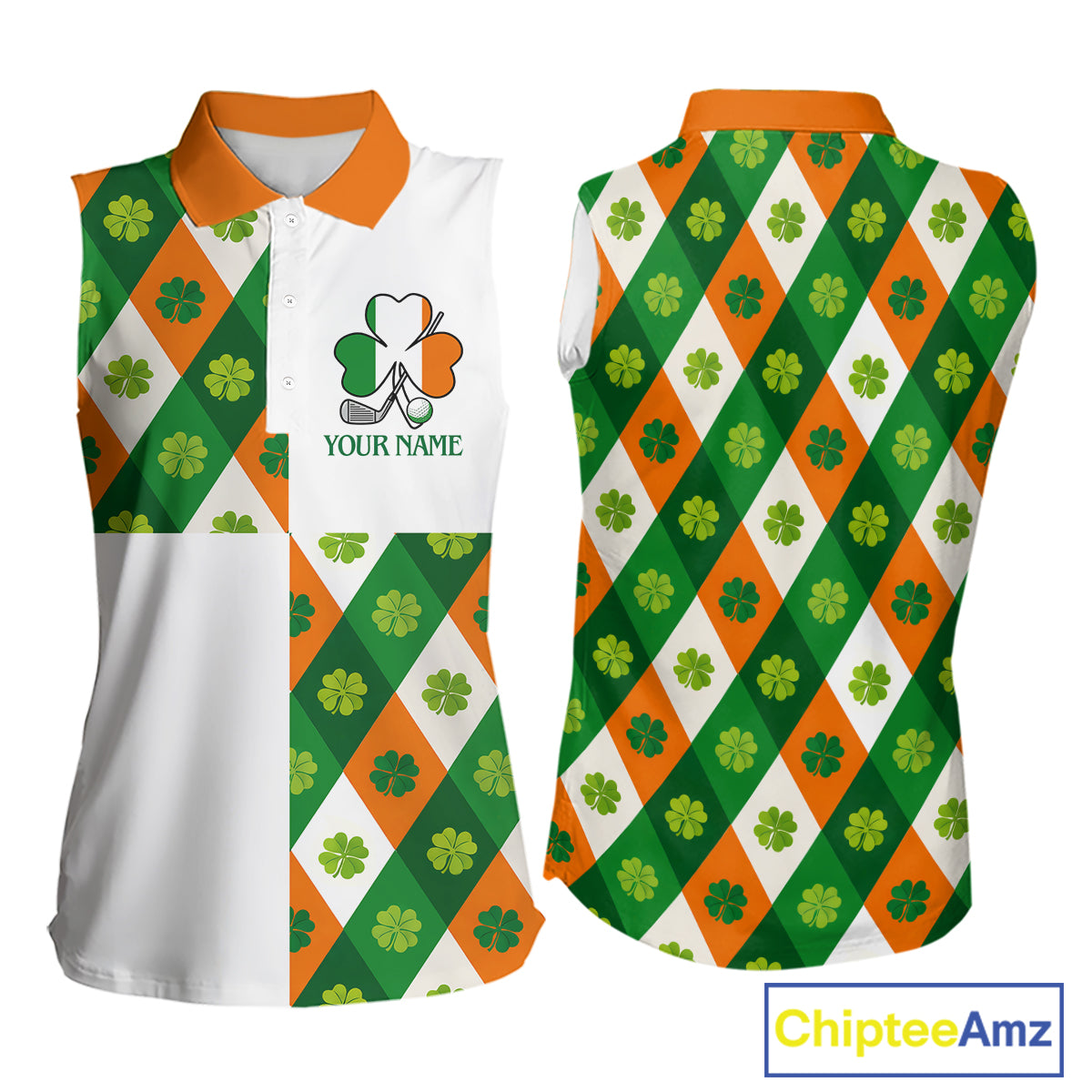 Argyle Womens Sleeveless Golf Polo Shirt Custom Ireland Flag St Patricks Day Green Clovers Plaid Golf Top NHN0141