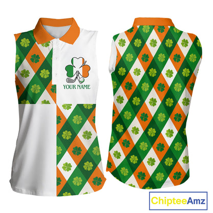 Argyle Womens Sleeveless Golf Polo Shirt Custom Ireland Flag St Patricks Day Green Clovers Plaid Golf Top NHN0141