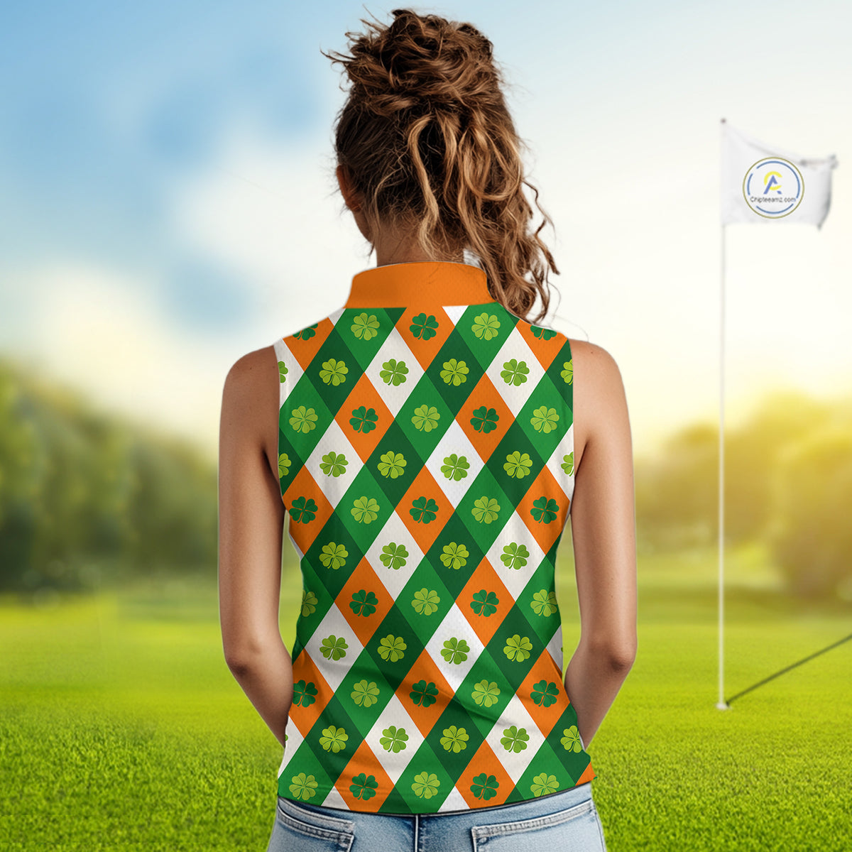 Argyle Womens Sleeveless Golf Polo Shirt Custom Ireland Flag St Patricks Day Green Clovers Plaid Golf Top NHN0141