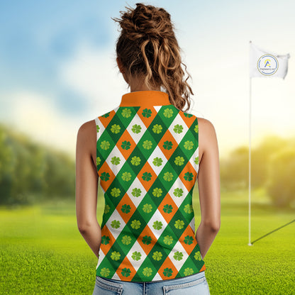 Argyle Womens Sleeveless Golf Polo Shirt Custom Ireland Flag St Patricks Day Green Clovers Plaid Golf Top NHN0141
