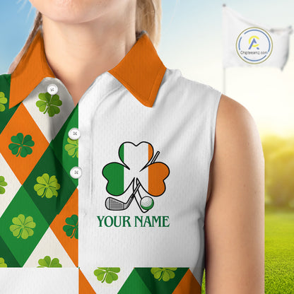 Argyle Womens Sleeveless Golf Polo Shirt Custom Ireland Flag St Patricks Day Green Clovers Plaid Golf Top NHN0141