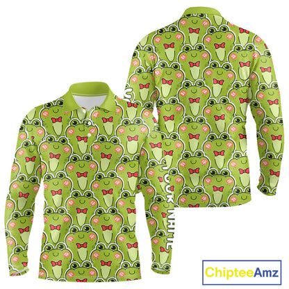 Funny Green Frog Pattern Long Sleeve Golf Polo Shirt Custom Golf Attire For Men NHN0146