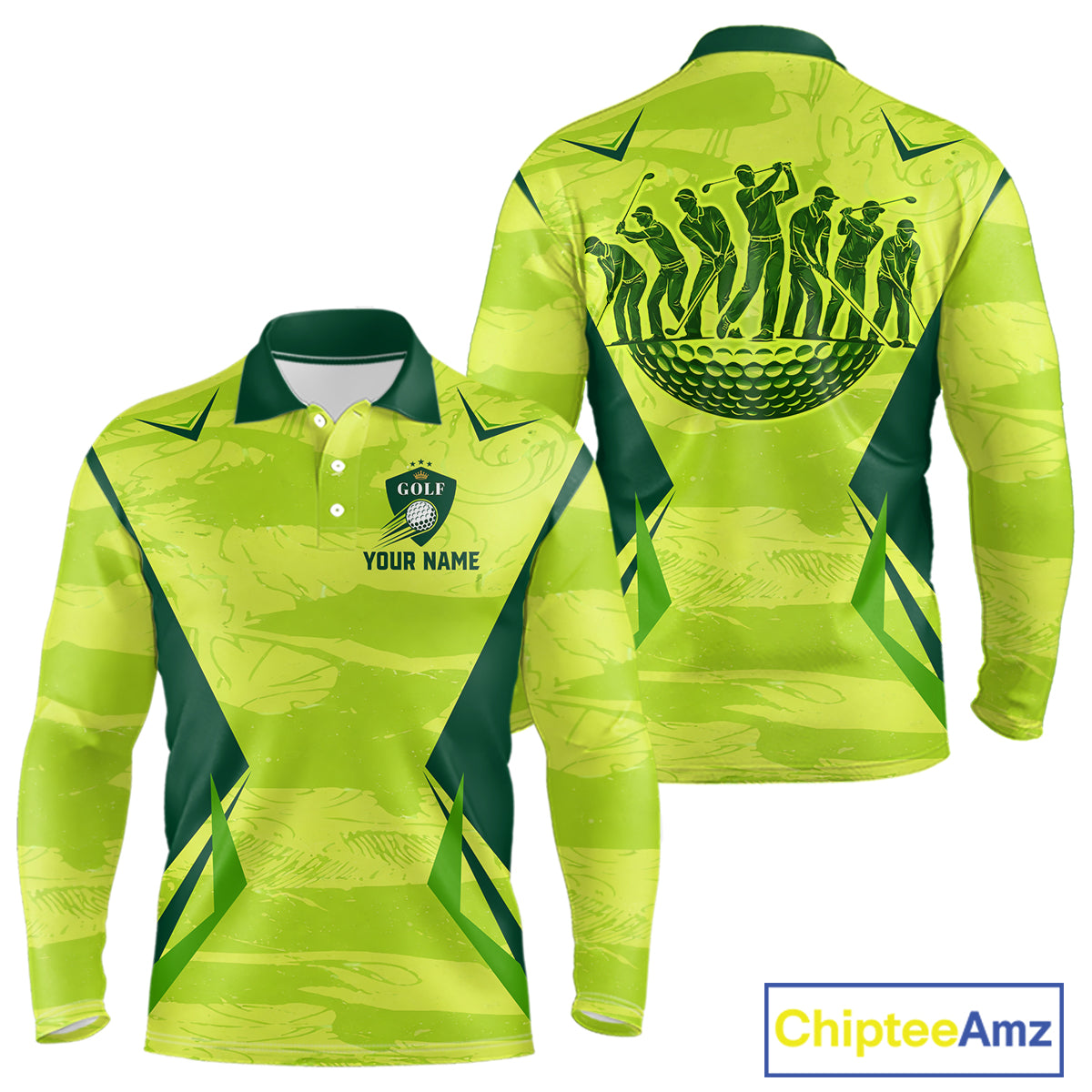 Green Camo Long Sleeve Golf Polo Shirt Custom Camouflage Golf Ball Golf Top For Team, Golfer Gift NHN0178