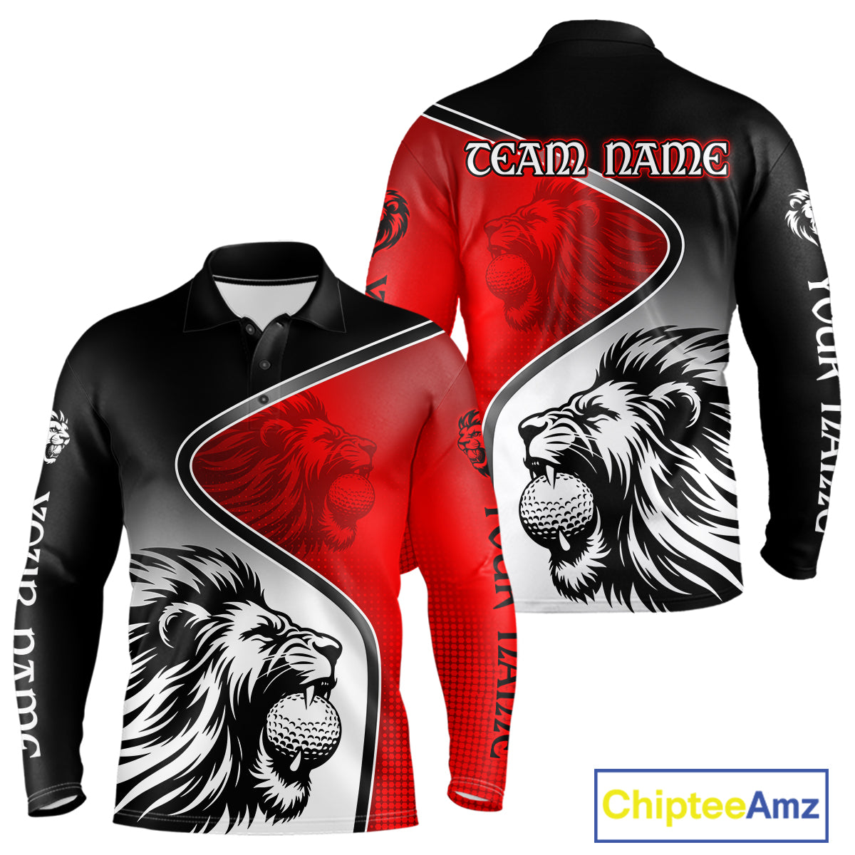 Lion Mens Golf Polo Shirt Long Sleeve Custom Red & Black Pattern Lion Golf Ball Best Golf Shirt For Men NHN0058