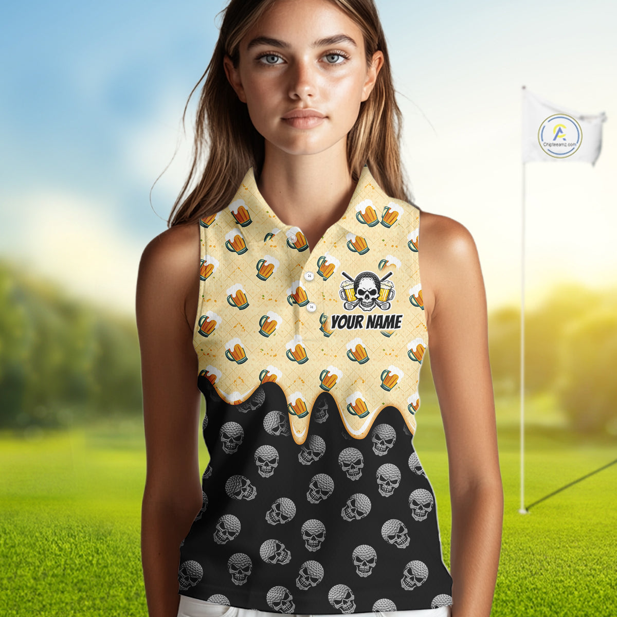 Womens Sleeveless Golf Polo Shirt Beer Skull Golf Pattern Custom Team Ladies Golf Tops, Funny Golf Gifts NHN0200