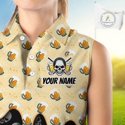 Womens Sleeveless Golf Polo Shirt Beer Skull Golf Pattern Custom Team Ladies Golf Tops, Funny Golf Gifts NHN0200