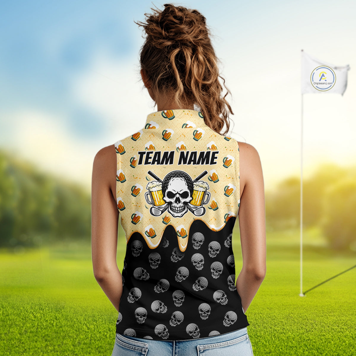Womens Sleeveless Golf Polo Shirt Beer Skull Golf Pattern Custom Team Ladies Golf Tops, Funny Golf Gifts NHN0200