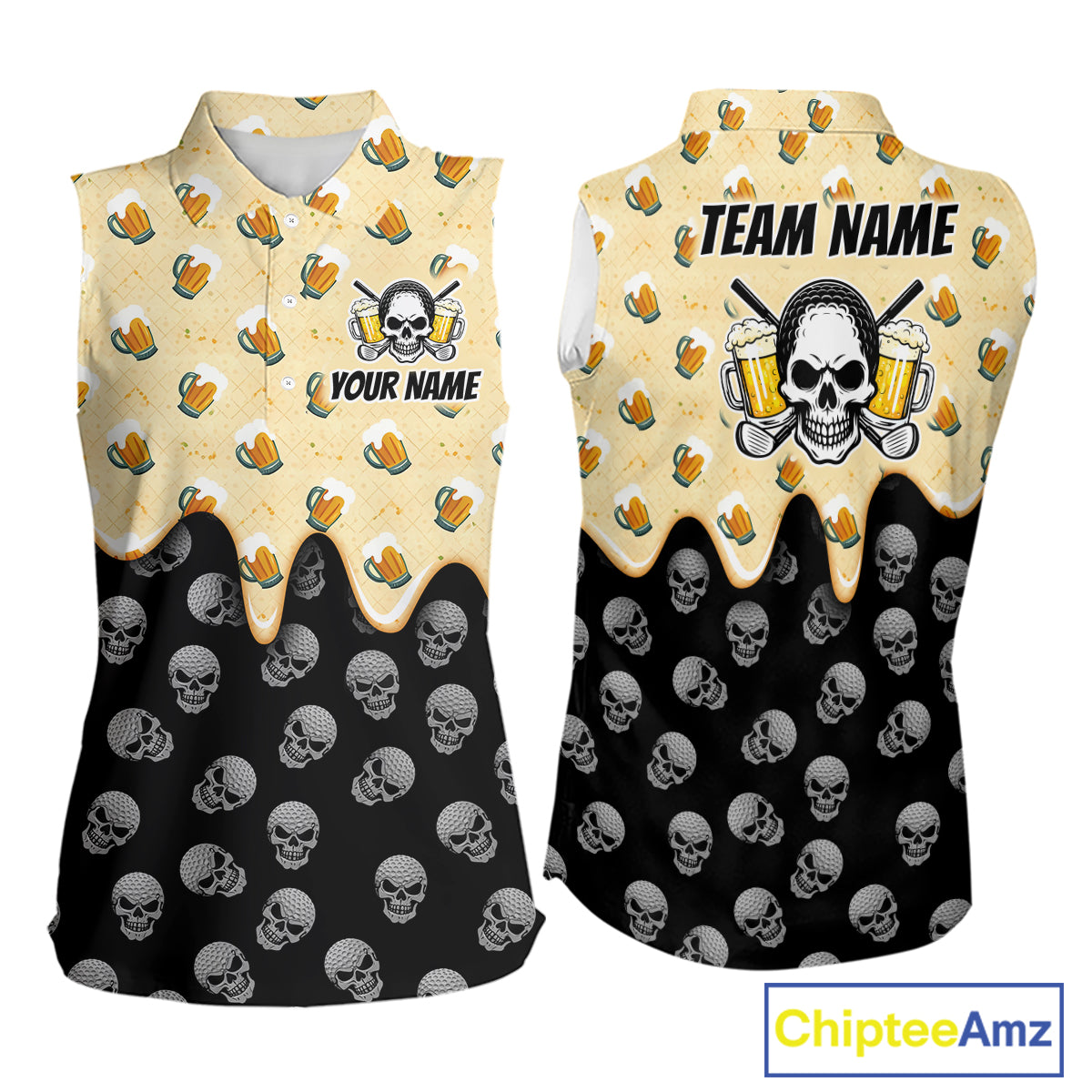 Womens Sleeveless Golf Polo Shirt Beer Skull Golf Pattern Custom Team Ladies Golf Tops, Funny Golf Gifts NHN0200