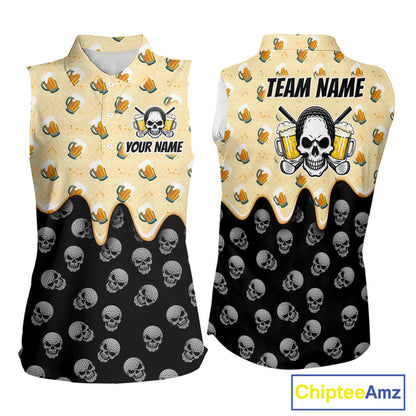 Womens Sleeveless Golf Polo Shirt Beer Skull Golf Pattern Custom Team Ladies Golf Tops, Funny Golf Gifts NHN0200