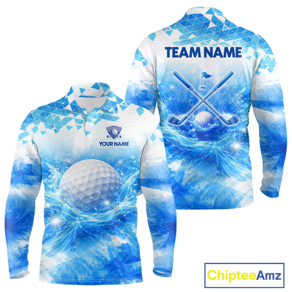 Blue Long Sleeve Golf Polo Shirt Custom Water Splash Pattern With Golf Ball, Group Name Golf Tops NHN0219