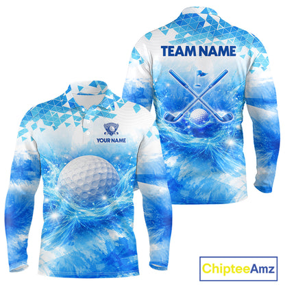 Blue Long Sleeve Golf Polo Shirt Custom Water Splash Pattern With Golf Ball, Group Name Golf Tops NHN0219