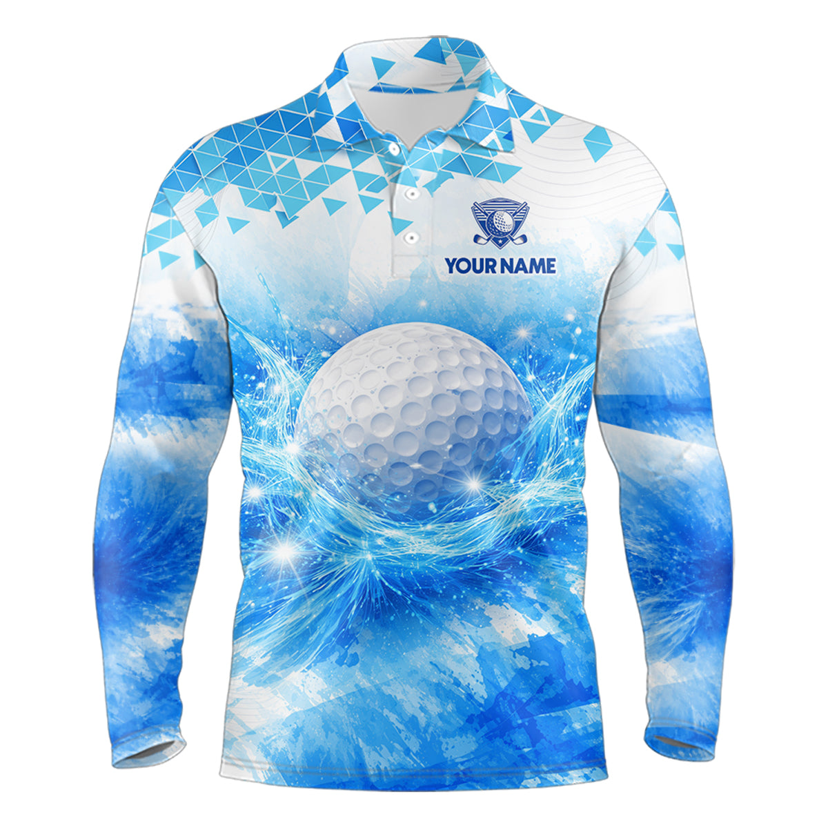 Blue Long Sleeve Golf Polo Shirt Custom Water Splash Pattern With Golf Ball, Group Name Golf Tops NHN0219