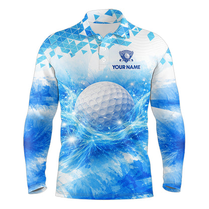 Blue Long Sleeve Golf Polo Shirt Custom Water Splash Pattern With Golf Ball, Group Name Golf Tops NHN0219