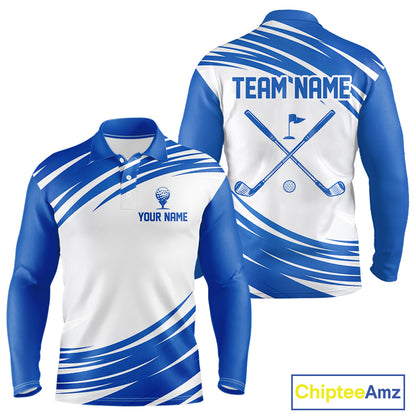 Blue And White Mens Long Sleeve Golf Polo Shirt Custom Golf Shirts For Team Personalized Golf Gifts NHN0094