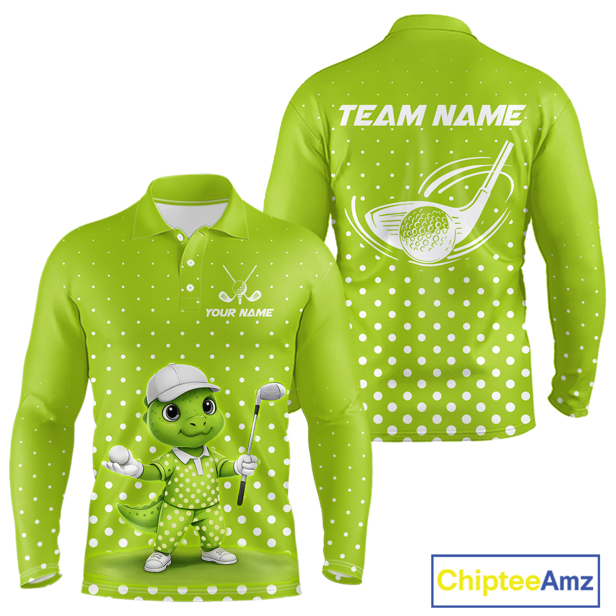 Funny Dinosaur Long Sleeve Golf Polo Shirt Green Pattern Custom Dinosaur Golf Shirts For Men NHN0100