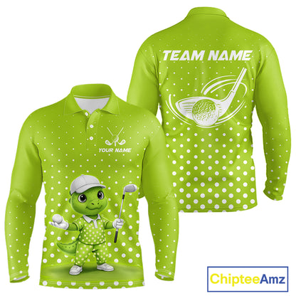 Funny Dinosaur Long Sleeve Golf Polo Shirt Green Pattern Custom Dinosaur Golf Shirts For Men NHN0100