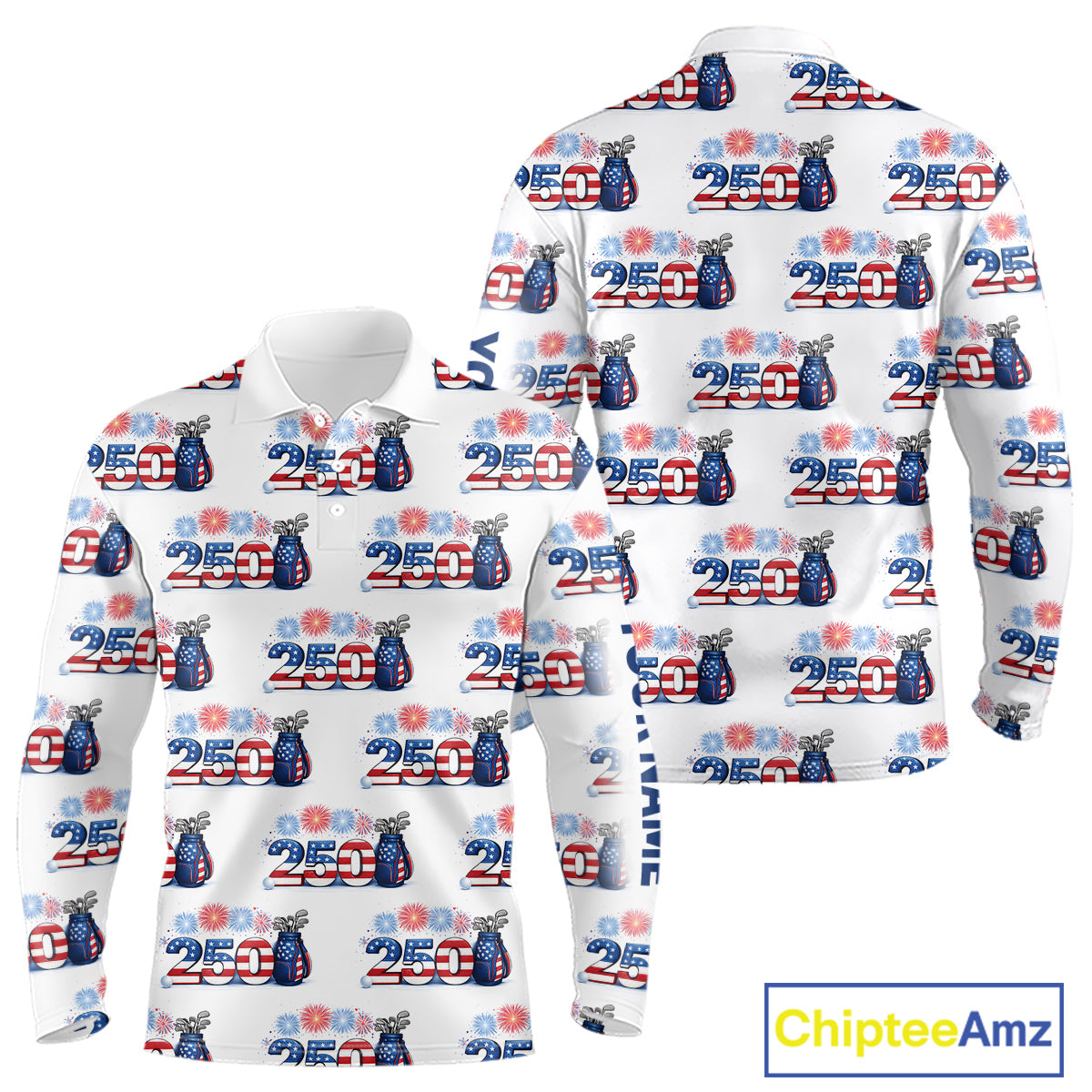 USA 250th Anniversary Long Sleeve Golf Polo Shirt Custom Golf Pattern Patriotic Independence Golf Tops NHN0234