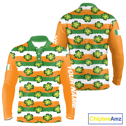 Long Sleeve Golf Polo Shirt Custom Green Clover St Patricks Day Pattern Ireland Flag Golf Shirt For Men NHN0138