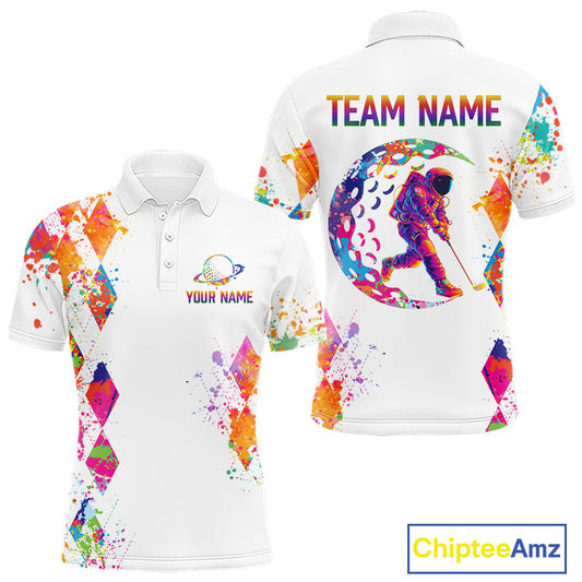 Mens Golf Polo Shirt Argyle Pattern Golf Shirts For Mens Funny Astronaut Watercolor Golf Gifts NHN0006