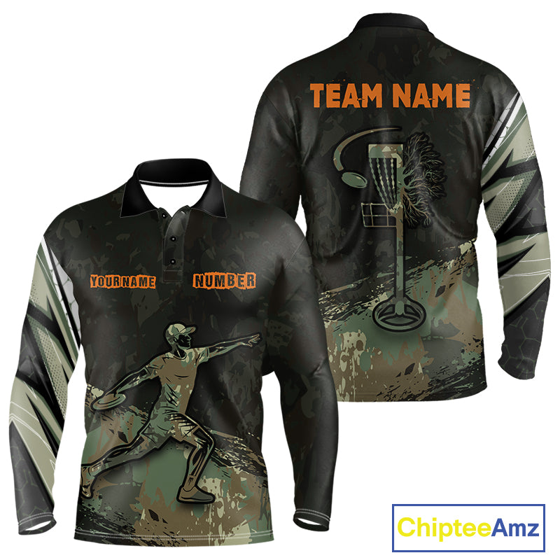 Mens Long Sleeve Disc Golf Polo Shirt Custom Name Number Green Disc Golf Basket Team Disc Golf Shirts NHN0029