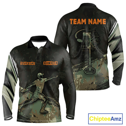 Mens Long Sleeve Disc Golf Polo Shirt Custom Name Number Green Disc Golf Basket Team Disc Golf Shirts NHN0029