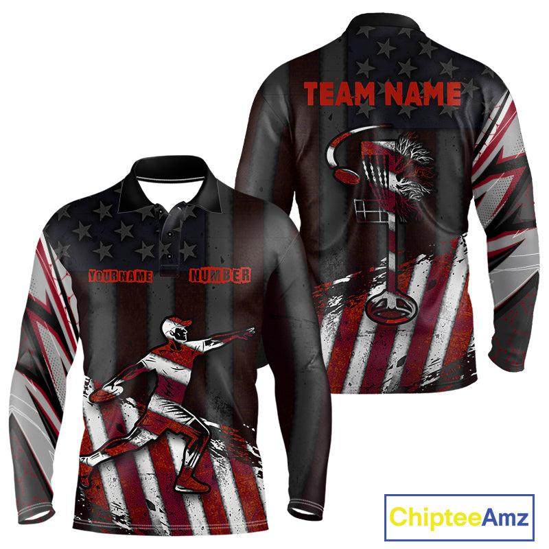 Mens Long Sleeve Disc Golf Polo Shirt Custom Name American Flag Disc Golf Basket Patriotic Golf Shirts NHN0029