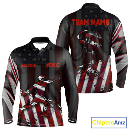 Mens Long Sleeve Disc Golf Polo Shirt Custom Name American Flag Disc Golf Basket Patriotic Golf Shirts NHN0029
