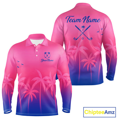 Long Sleeve Golf Polo Shirt Custom Pink Blue Palm Pattern Team Mens Golf Tops, Summer Golf Gifts NHN0172