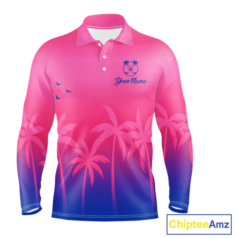 Long Sleeve Golf Polo Shirt Custom Pink Blue Palm Pattern Team Mens Golf Tops, Summer Golf Gifts NHN0172