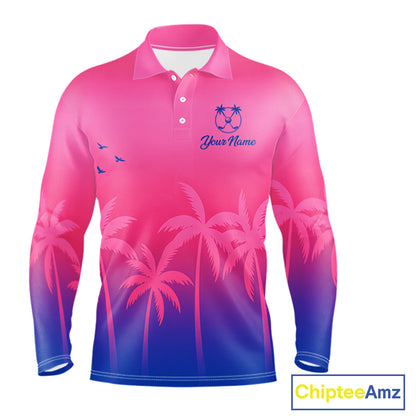 Long Sleeve Golf Polo Shirt Custom Pink Blue Palm Pattern Team Mens Golf Tops, Summer Golf Gifts NHN0172