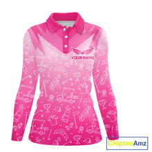 Load image into Gallery viewer, Womens Long Sleeve Golf Polo Shirt Custom Pink Golf Ball Pattern Team Ladies Golf Tops, Golf Gifts NHN0198