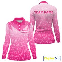Load image into Gallery viewer, Womens Long Sleeve Golf Polo Shirt Custom Pink Golf Ball Pattern Team Ladies Golf Tops, Golf Gifts NHN0198