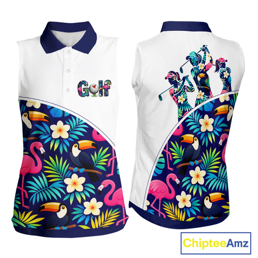 Funny Womens Sleeveless Golf Polo Shirt Custom Toucan Tropical Pattern, Flamingo Golf Shirt For Ladies NHN0205