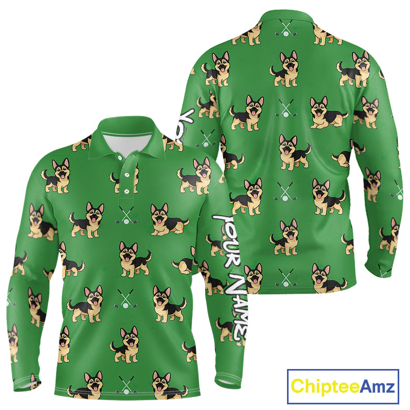 Funny German Shepherd Long Sleeve Golf Polo Shirt Custom Green Team Mens Golf Tops, Dog Lover Gift NHN0213