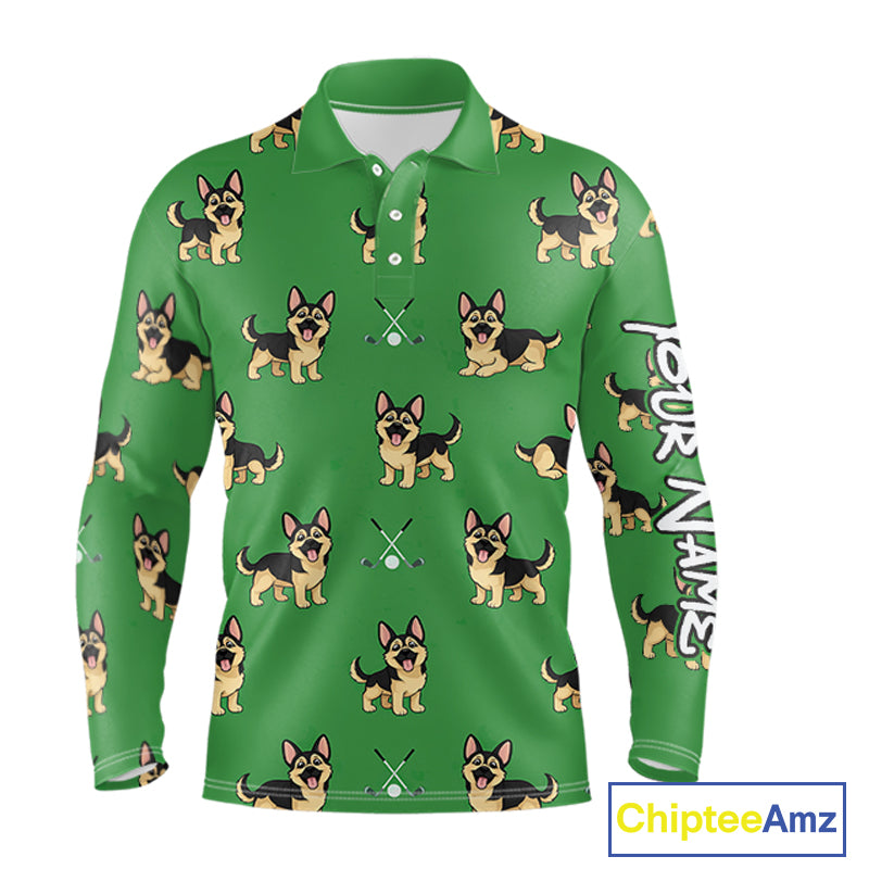 Funny German Shepherd Long Sleeve Golf Polo Shirt Custom Green Team Mens Golf Tops, Dog Lover Gift NHN0213