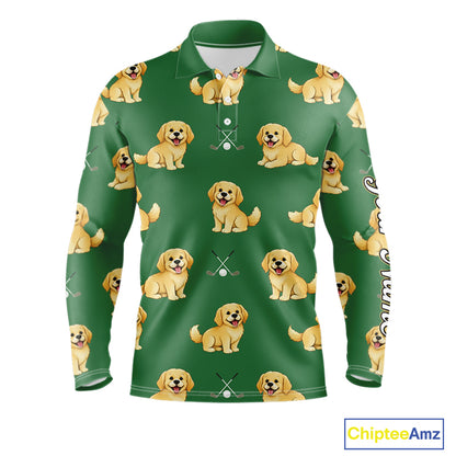 Golden Retriever Long Sleeve Golf Polo Shirt Custom Funny Green Team Mens Golf Tops, Dog Lover Gift NHN0214