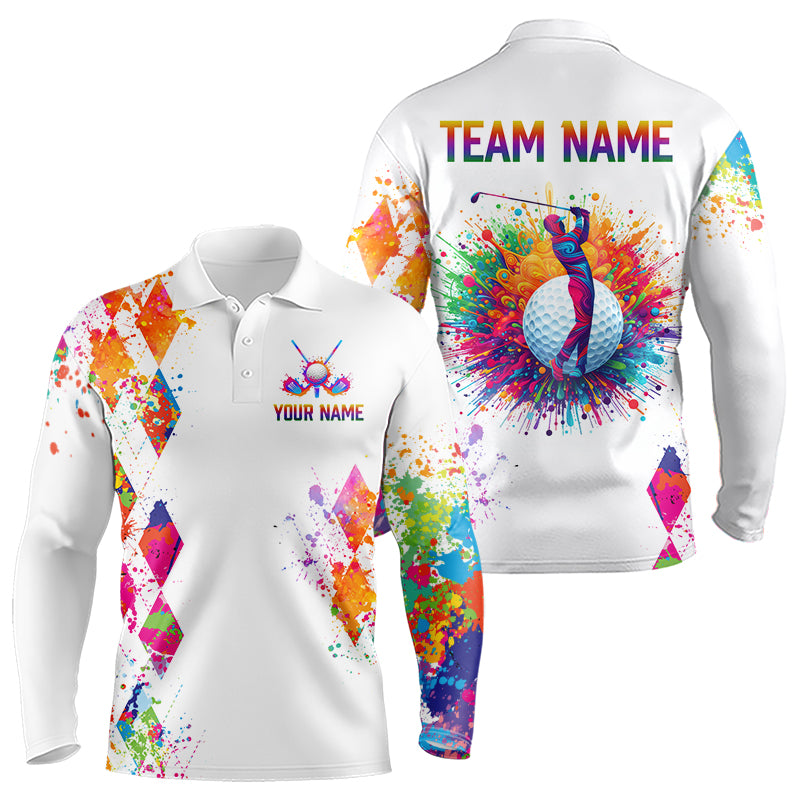 Watercolor Argyle Pattern Long Sleeve Golf Polo Shirt Custom White Golf Clubs Golf Shirts For Men NHN0006
